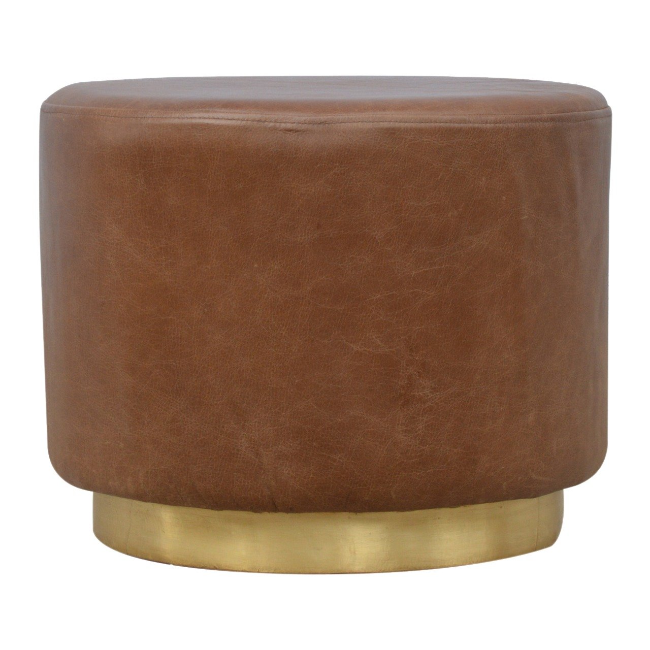 Brown Buffalo Leather Footstool with Gold Base