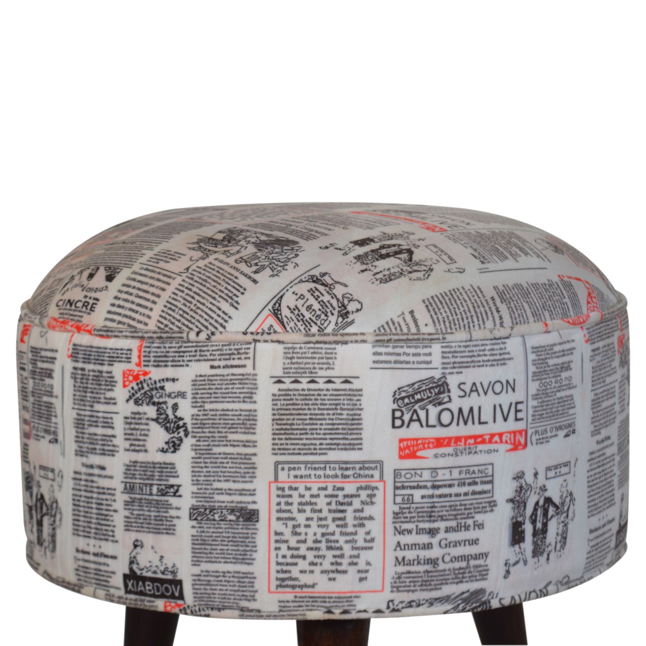 IN1018 - Round Footstool with News Print Velvet - Image 4