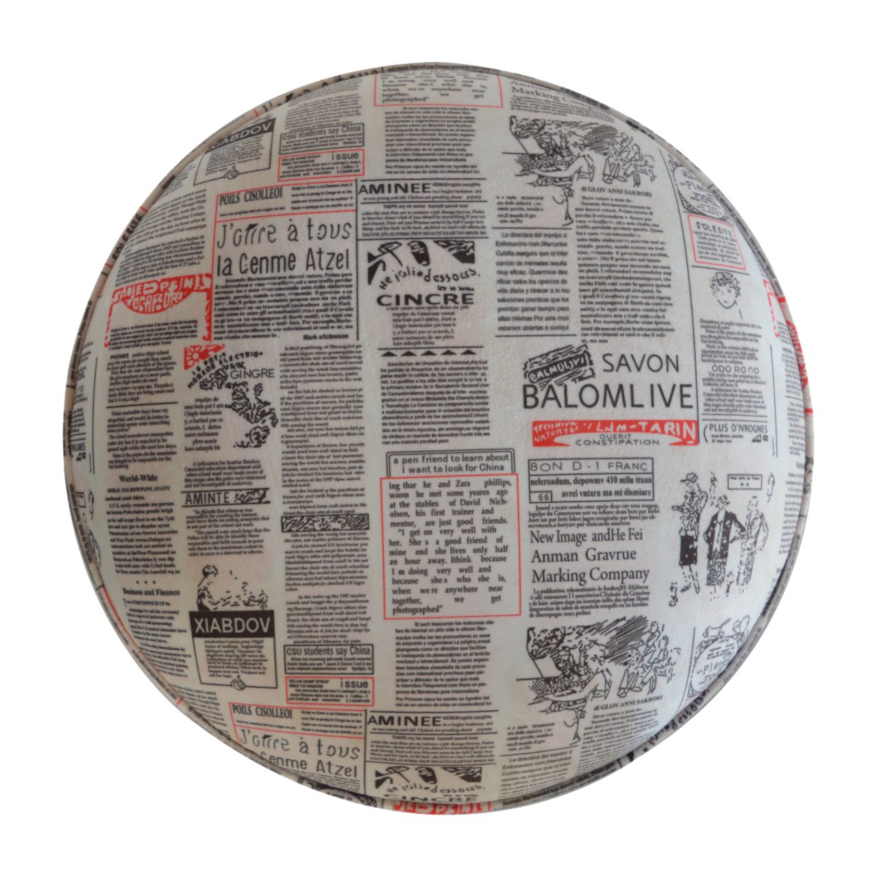 IN1018 - Round Footstool with News Print Velvet - Image 6