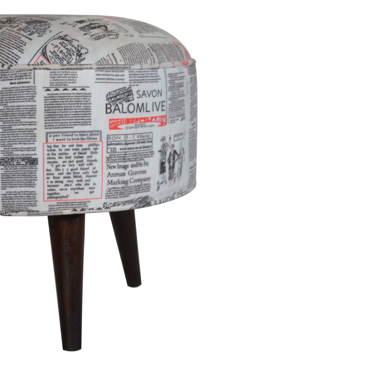 IN1018 - Round Footstool with News Print Velvet - Image 7