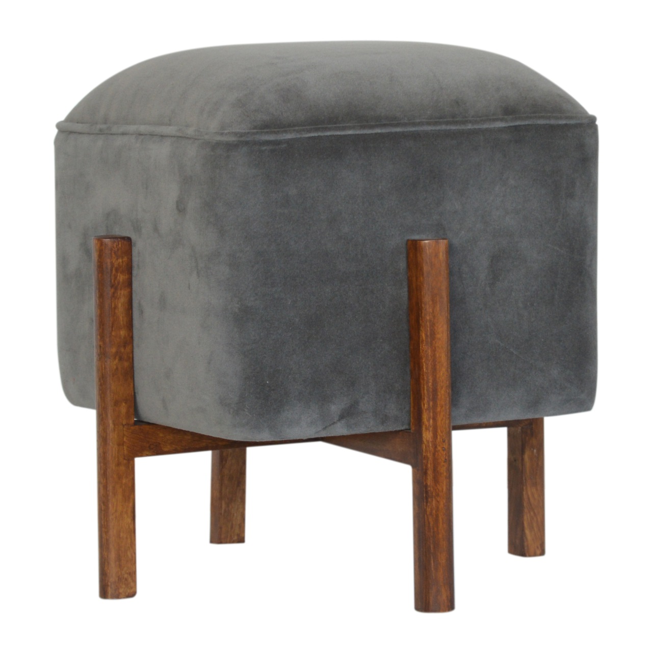 Solid Wood Grey Velvet Footstool - Image 3