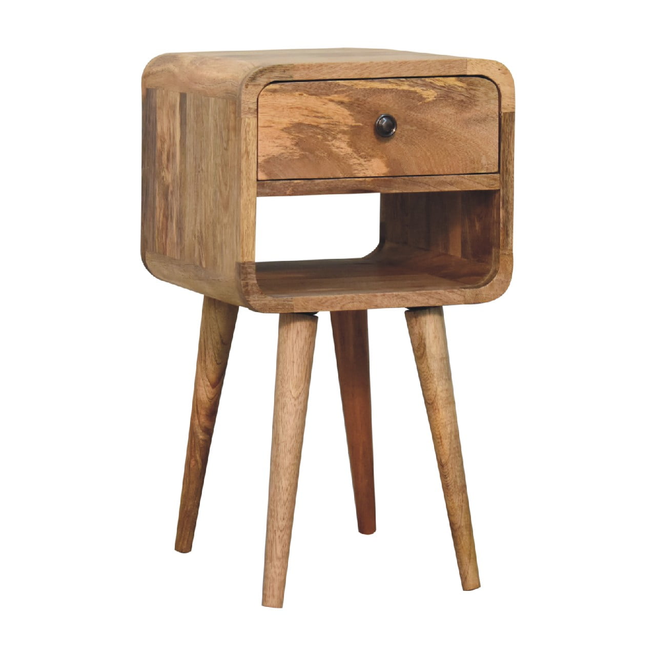 in3349 mini oak ish curved bedside with lower slot