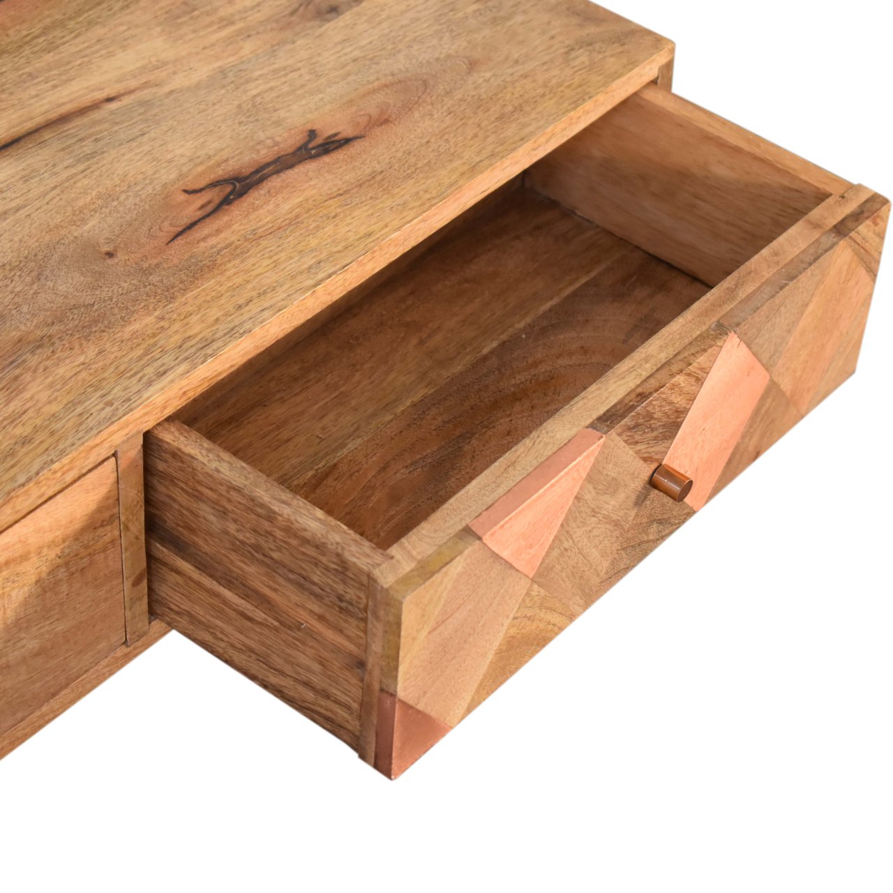 in1654 oak ish copper brass inlay coffee table