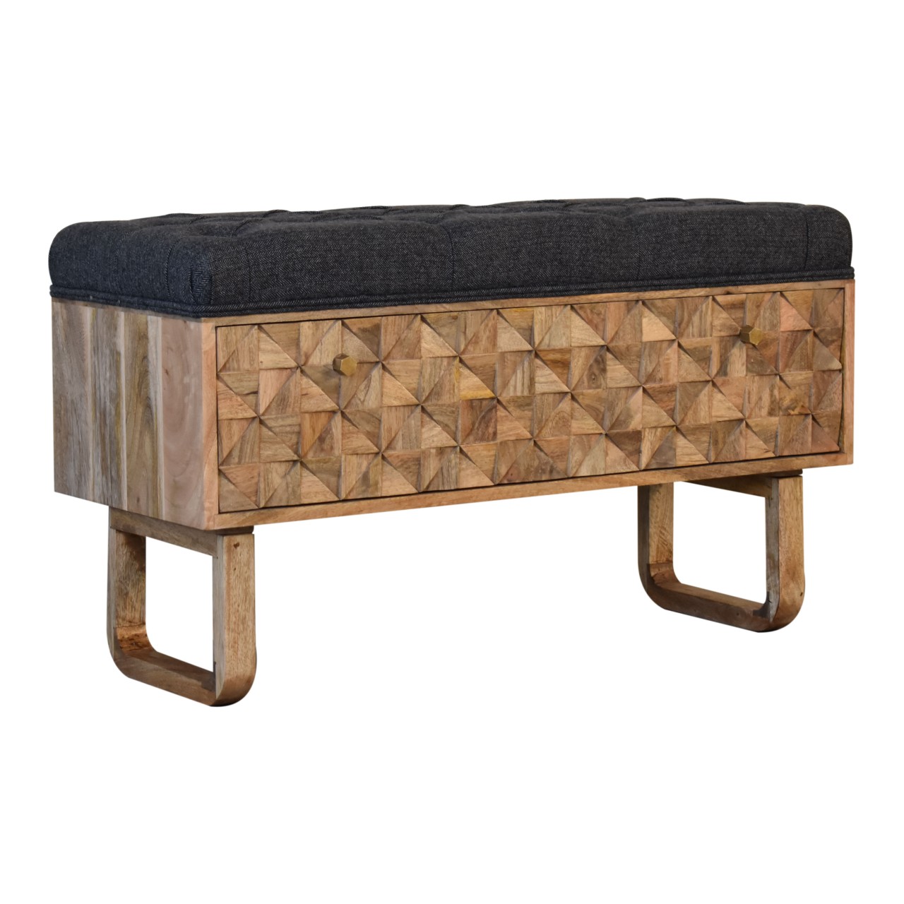 in2145 u shape diamond carved black tweed storage bench