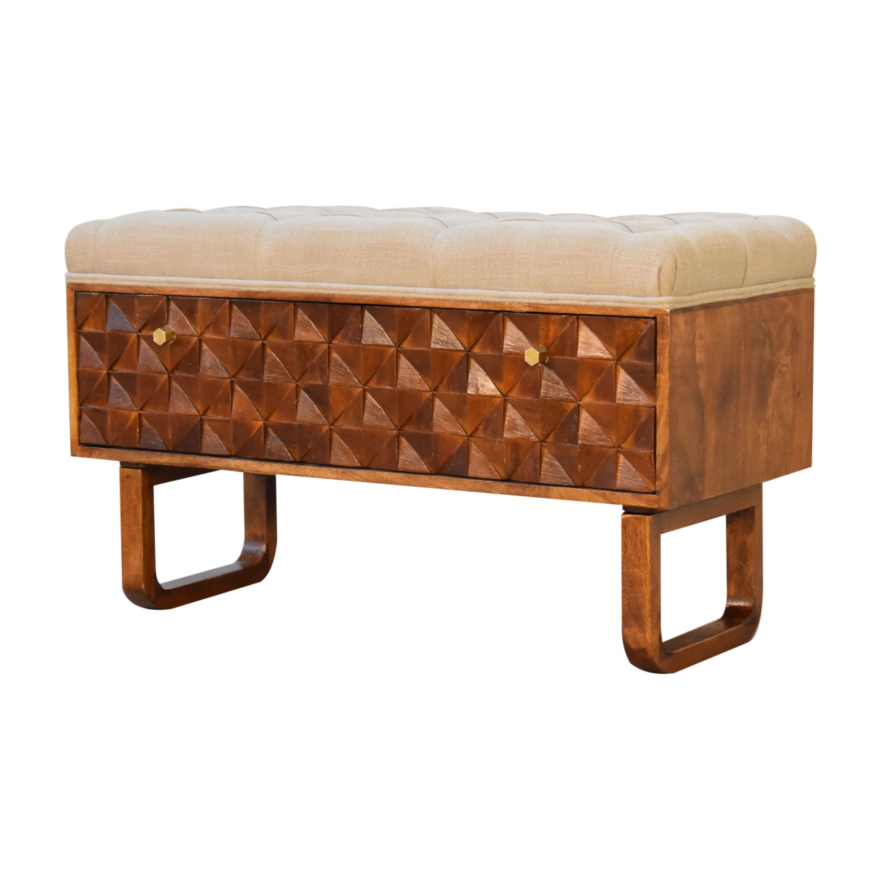 in2146 u shape chestnut diamond carved mud linen storage bench