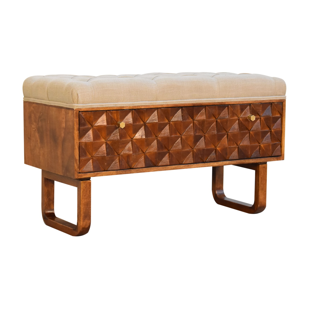 in2146 u shape chestnut diamond carved mud linen storage bench