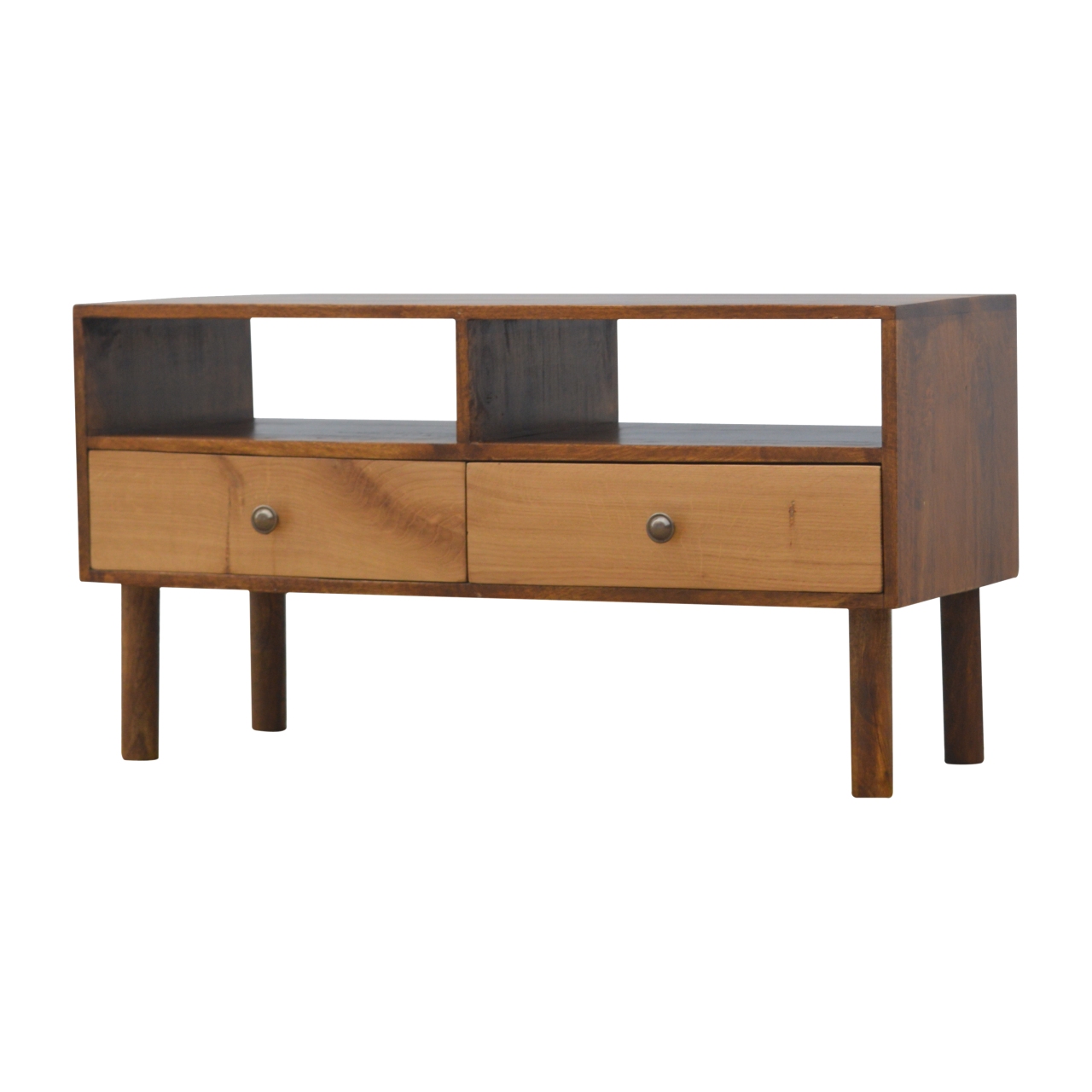 in545 solid wood media unit with 2 open slots and 2 oak wood front drawers