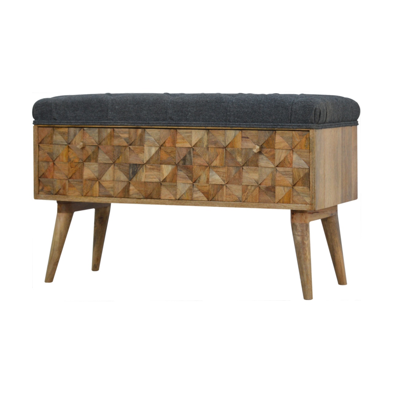 in735 diamond carved grey tweed storage bench