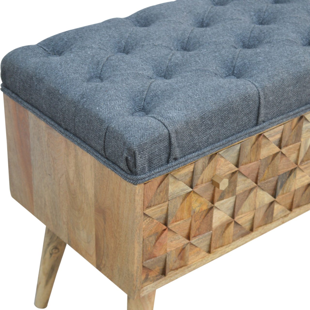 in735 diamond carved grey tweed storage bench