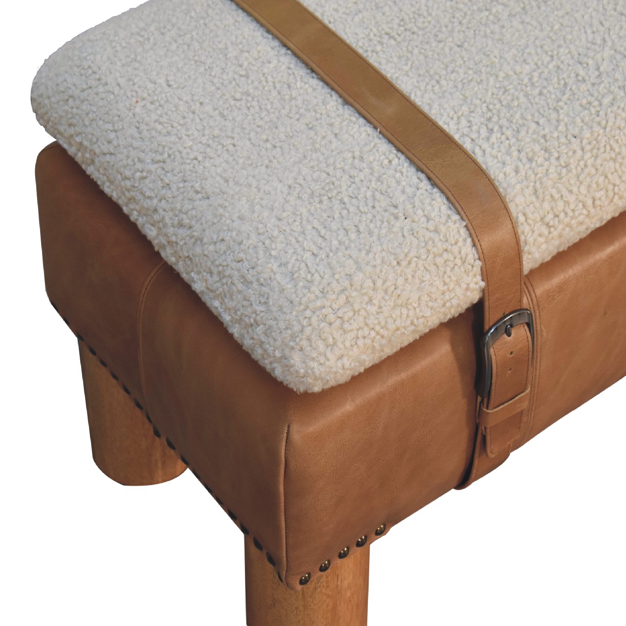 in3497 tan bufallo leather boucle nordic cylinder bench
