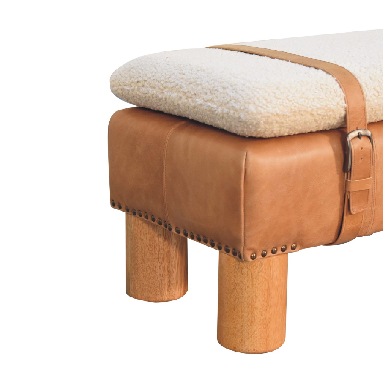 in3497 tan bufallo leather boucle nordic cylinder bench