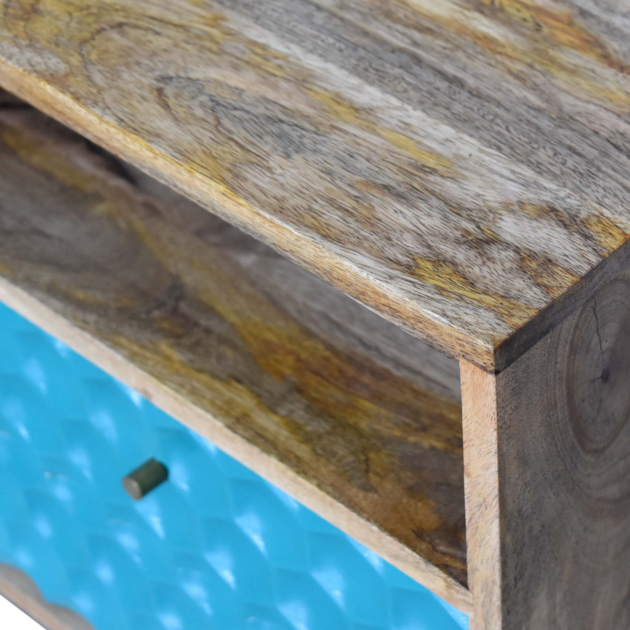 in1706 honeycomb carved teal bedside with open slot