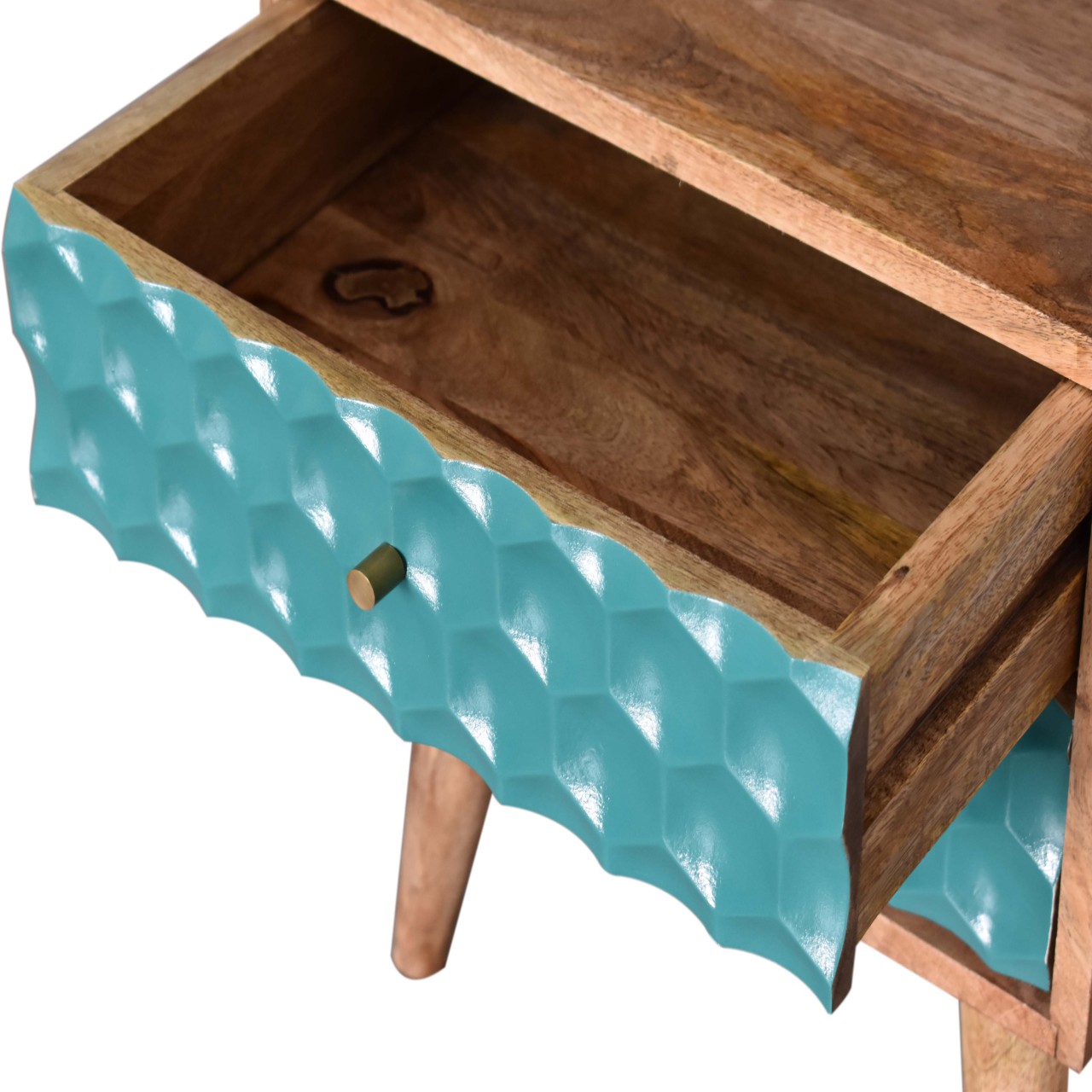 in1706 honeycomb carved teal bedside with open slot