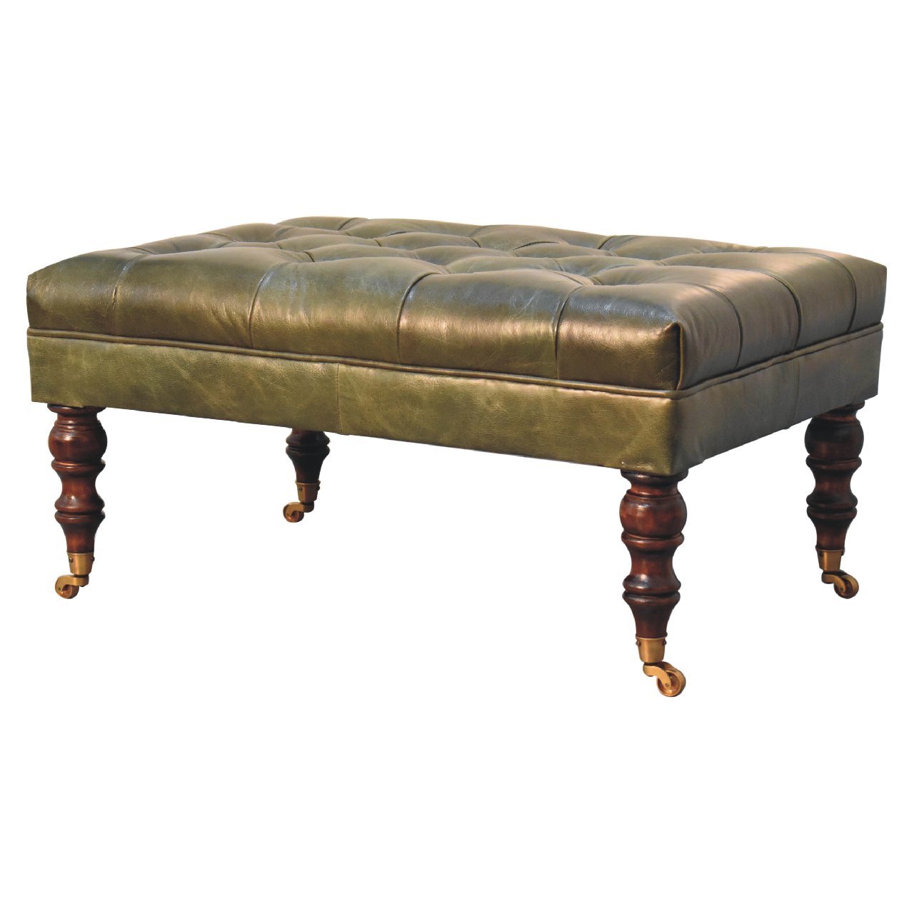 in3574 buffalo green leather ottoman with castor legs