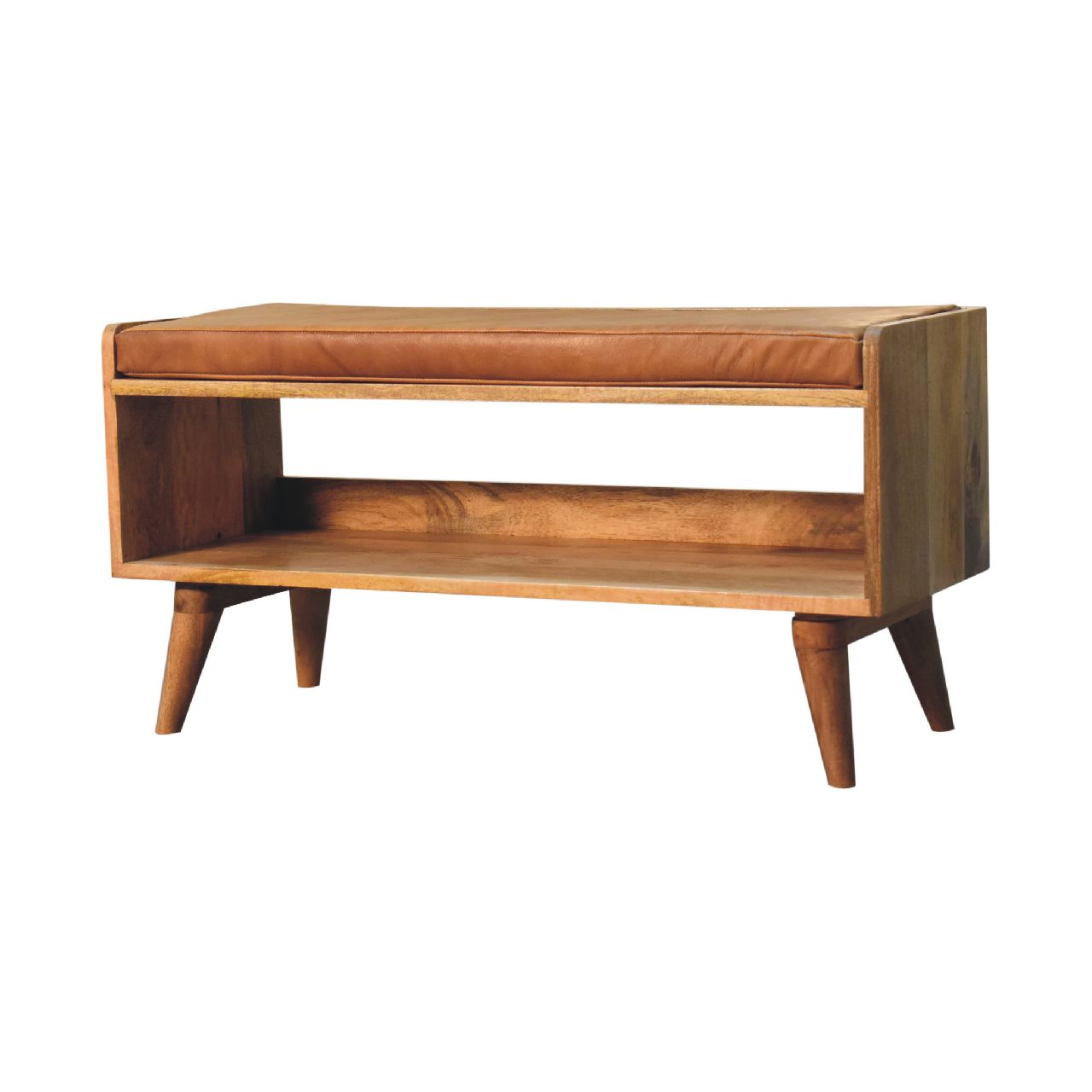 in3584 oak ish bench with tan leather seat pad
