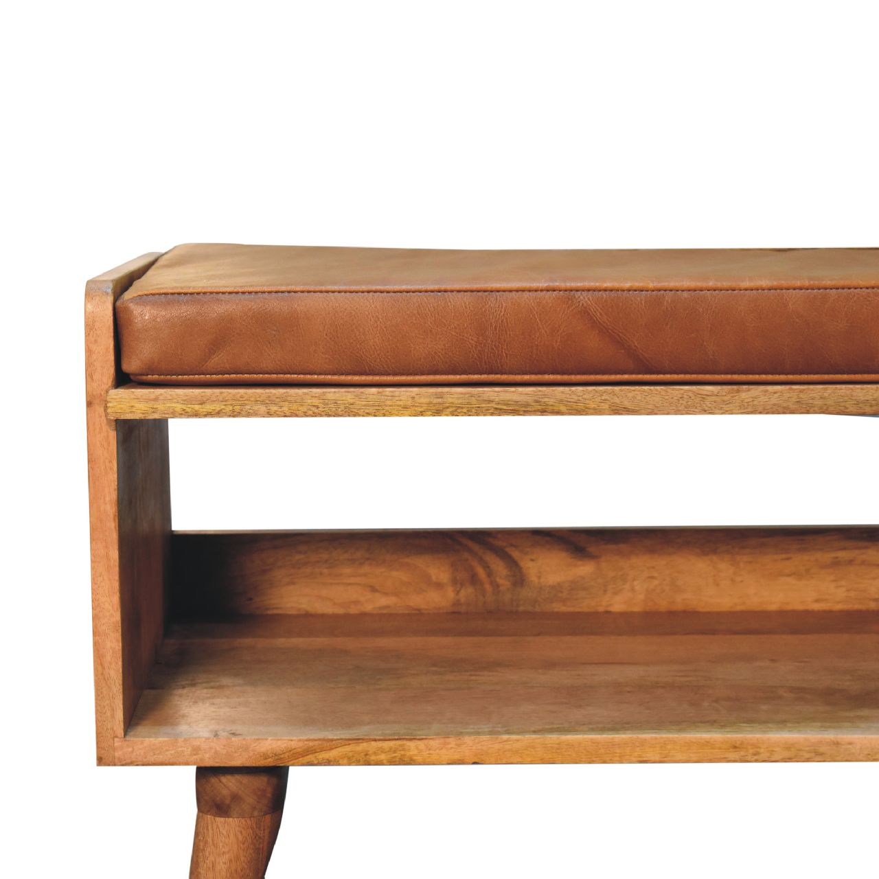in3584 oak ish bench with tan leather seat pad