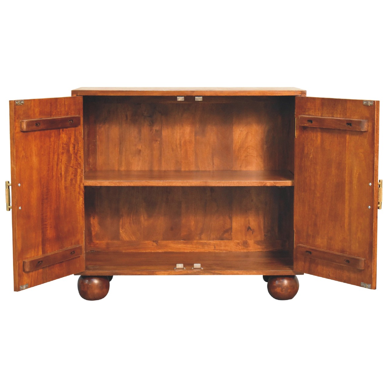 Open wooden cabinet with shelves on white background.