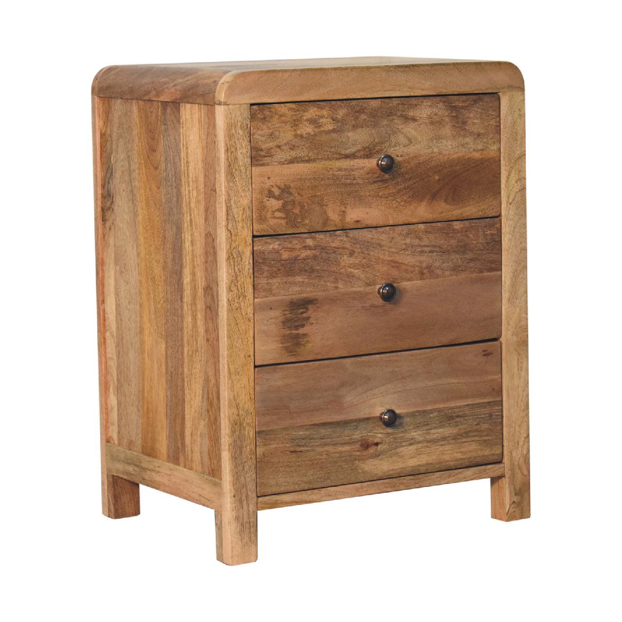Wooden three-drawer bedside cabinet.