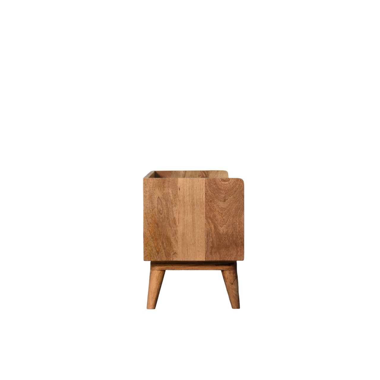 Wooden bedside table on white background.