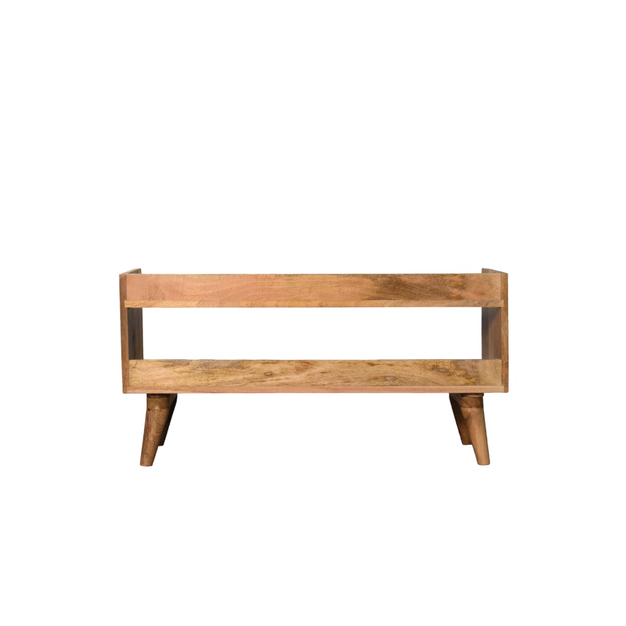 Wooden mid-century modern bench isolated on white background.