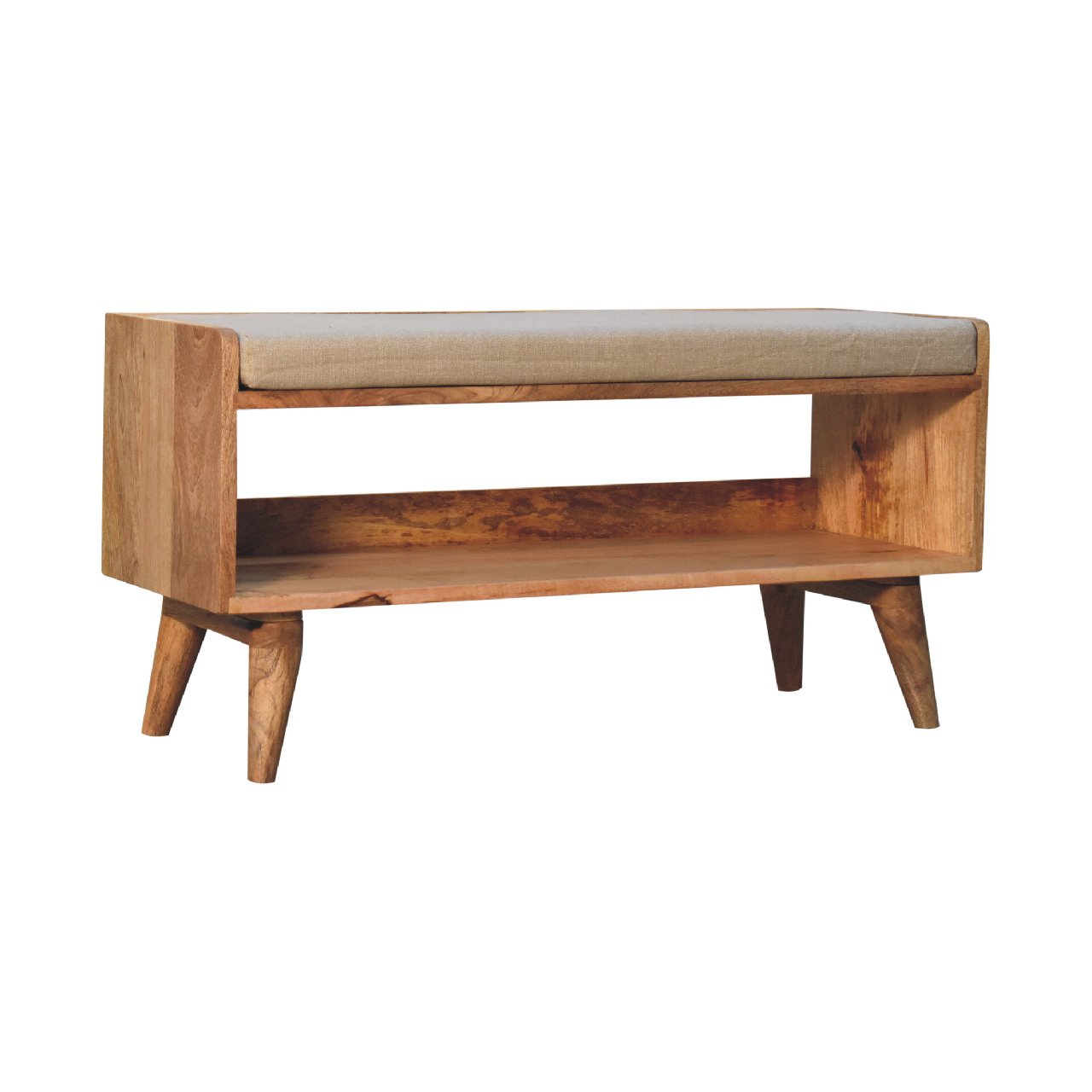 Wooden bench with fabric seat and lower shelf
