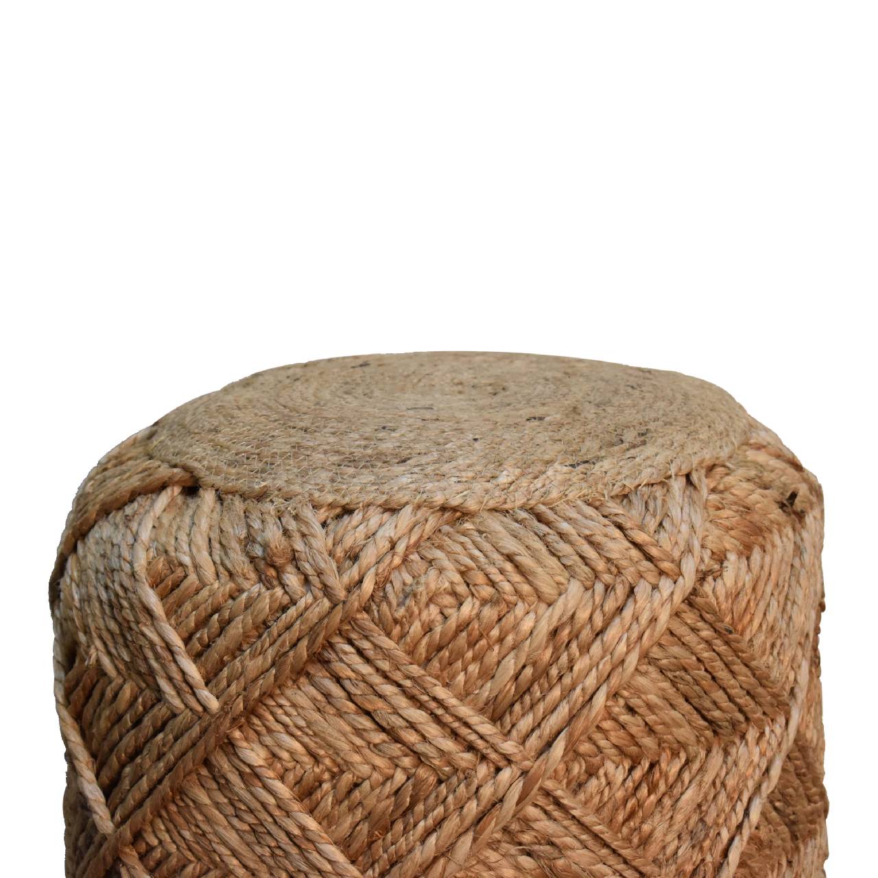 Woven jute pouffe on white background.