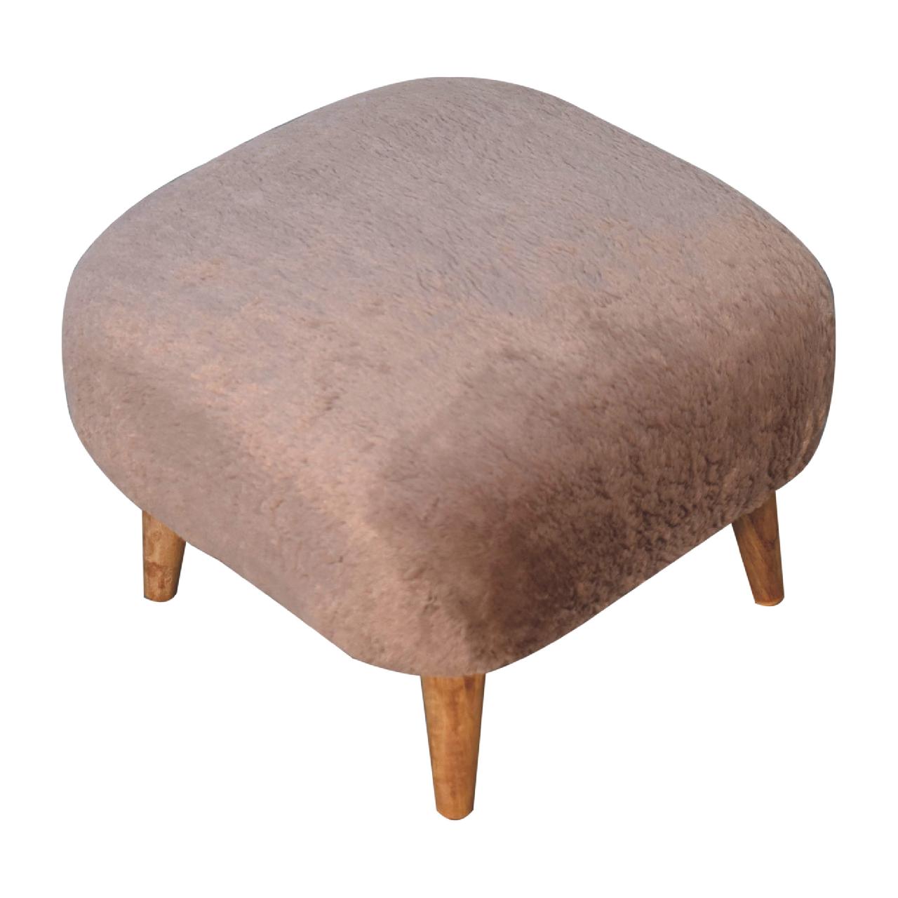 Brown fabric ottoman with wooden legs.