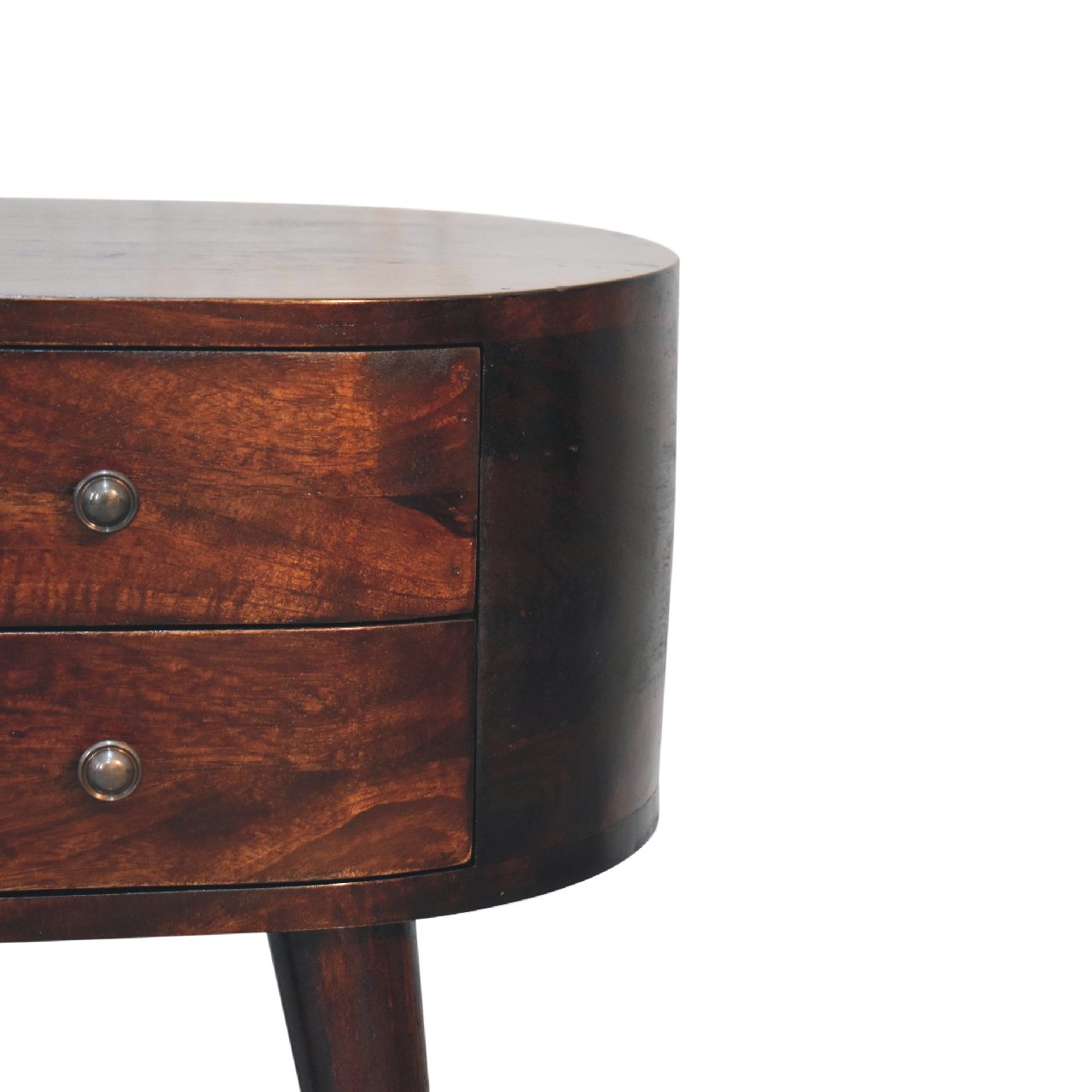 Round wooden side table with drawers on white background.