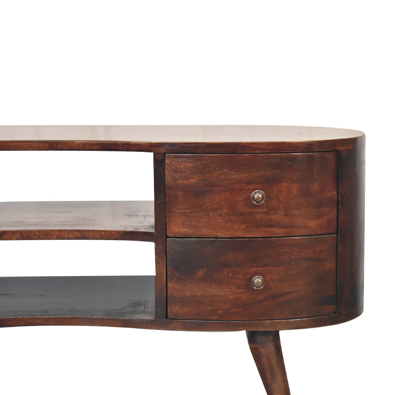 Vintage wooden coffee table with drawers on white background.