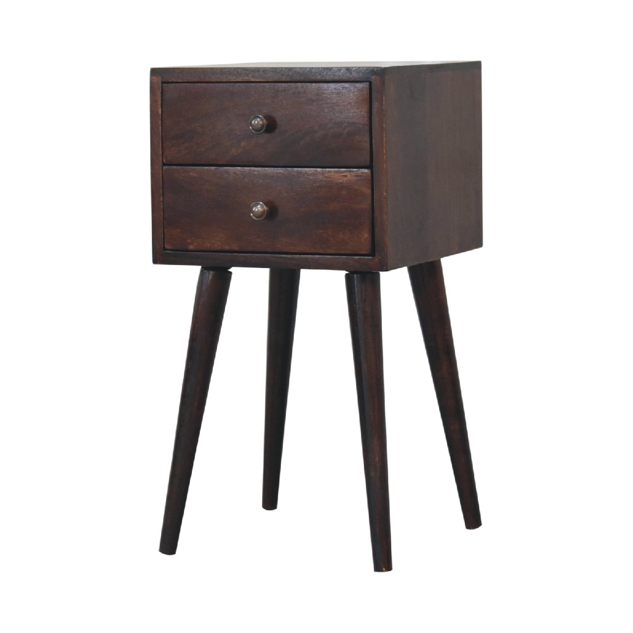 Vintage wooden bedside table with two drawers.