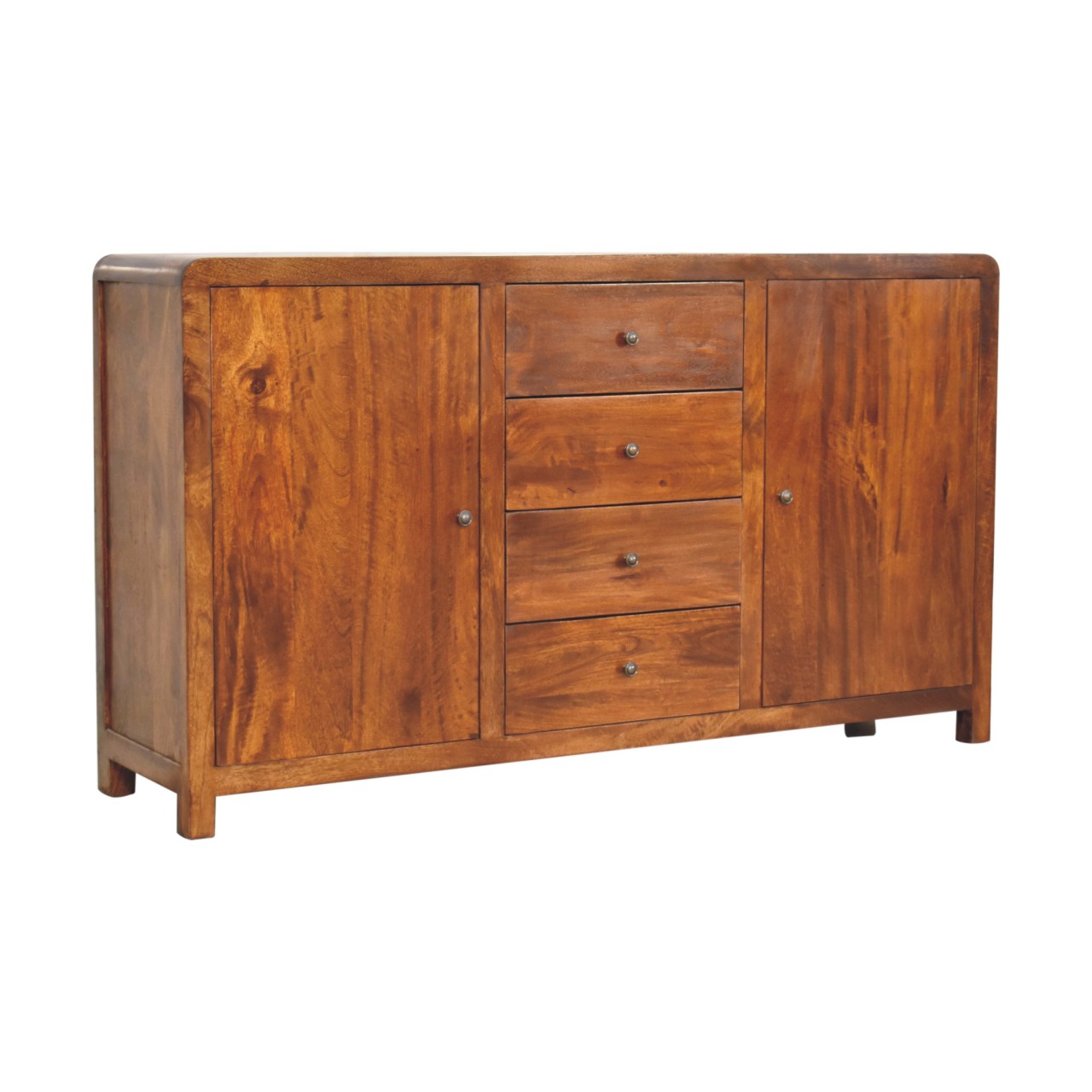 Wooden sideboard with drawers and cupboards on white background.