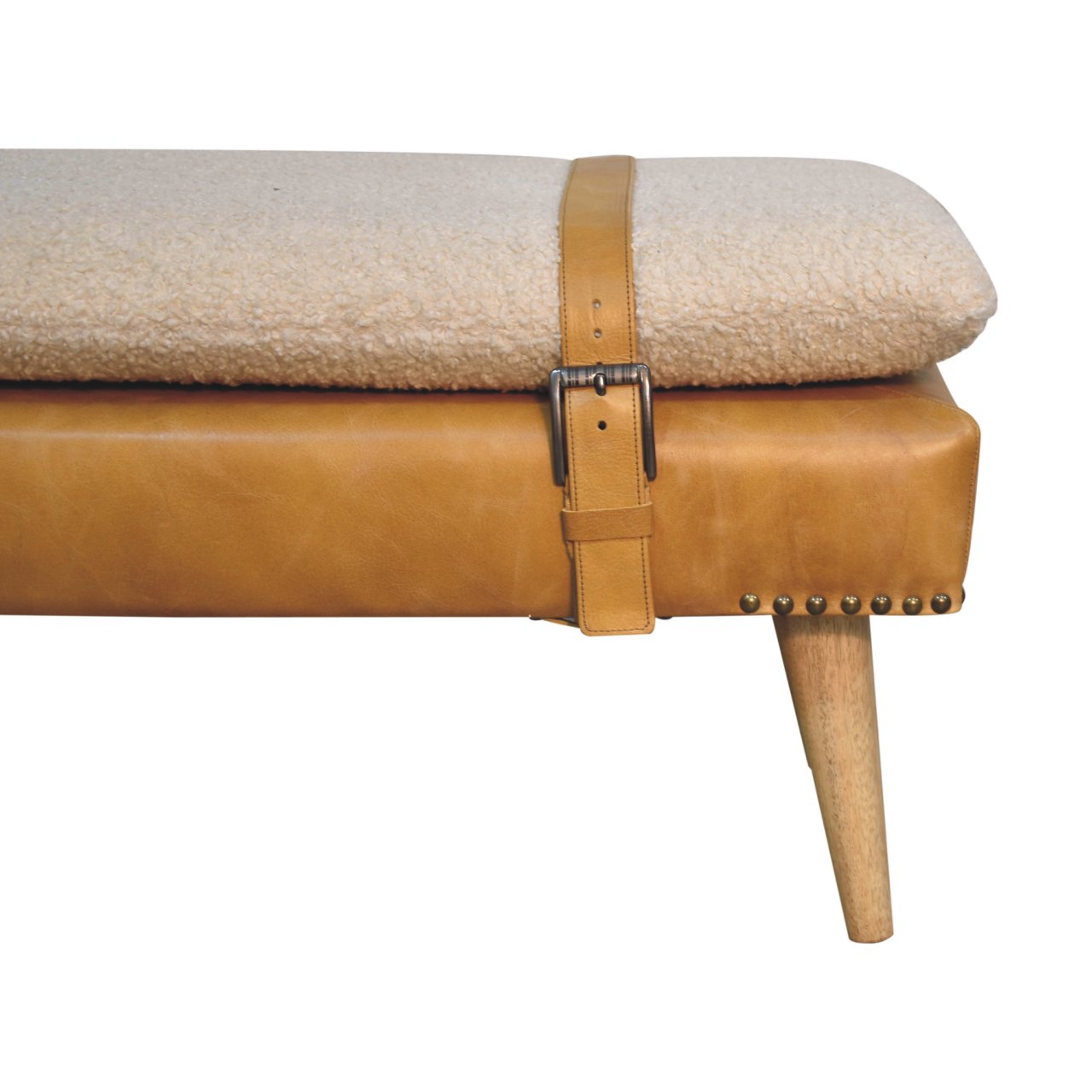 Bouclé Buffalo Hide Tan Leather Bench - Image 5