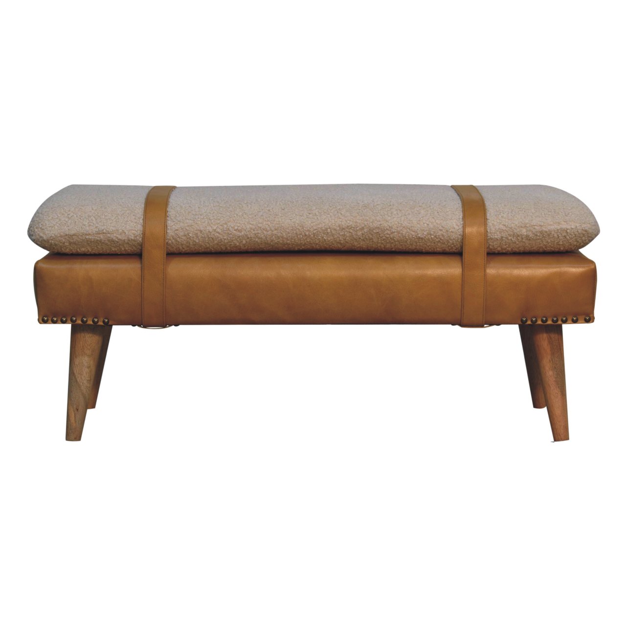 Bouclé Buffalo Hide Tan Leather Bench - Image 10