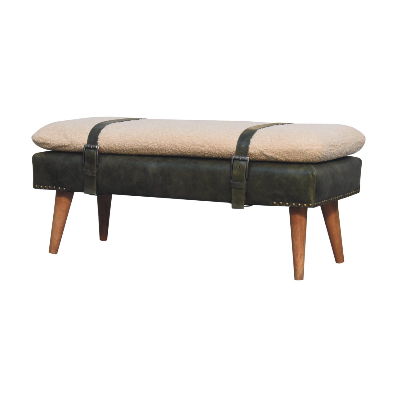 Bouclé Buffalo Hide Olive Green Leather Bench - Image 3