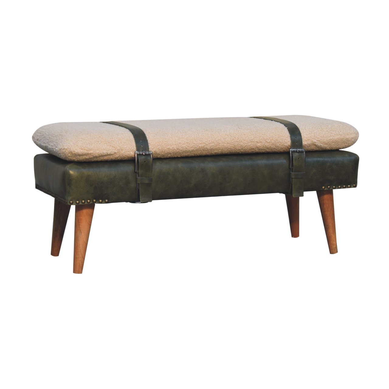 Bouclé Buffalo Hide Olive Green Leather Bench - Image 4