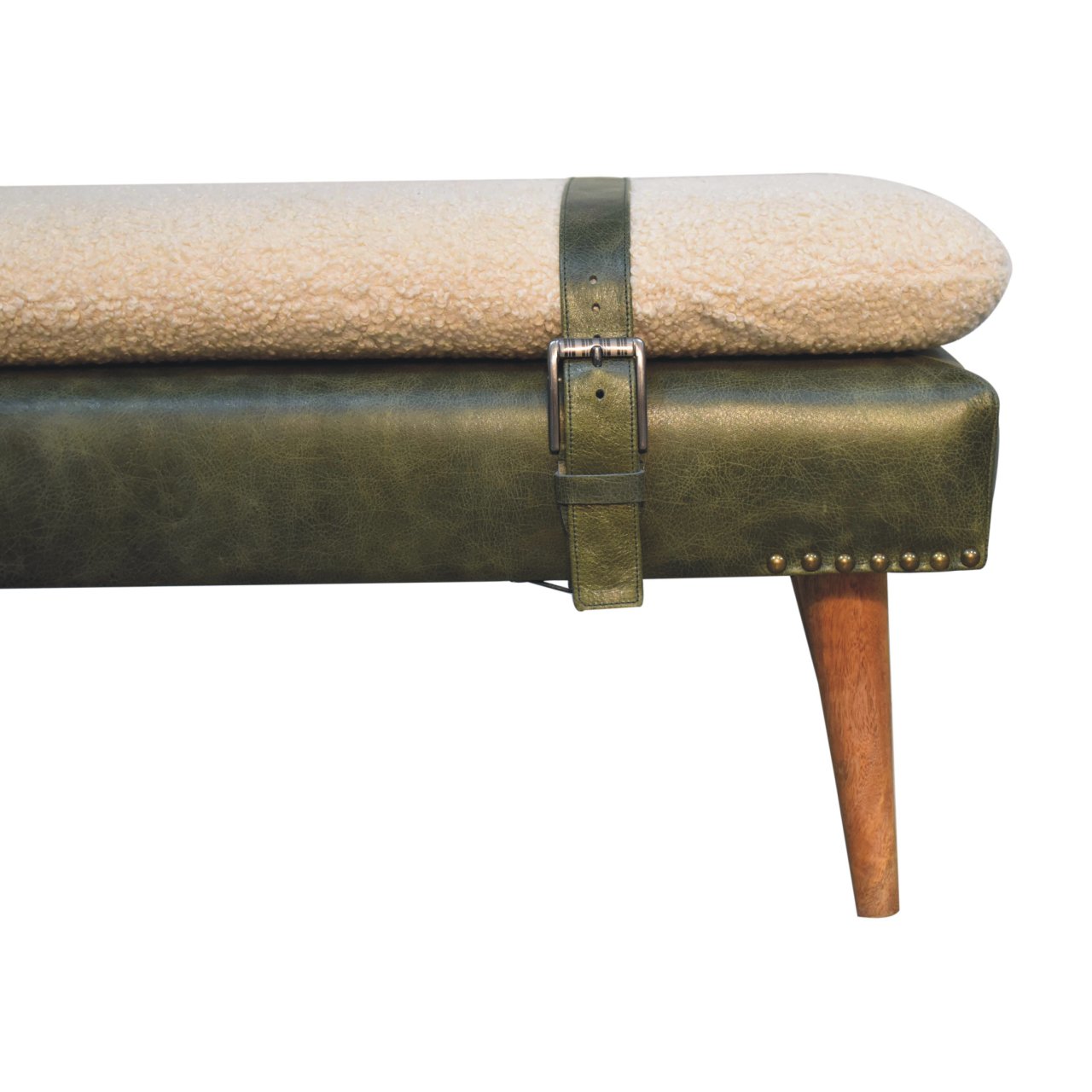 Bouclé Buffalo Hide Olive Green Leather Bench - Image 6