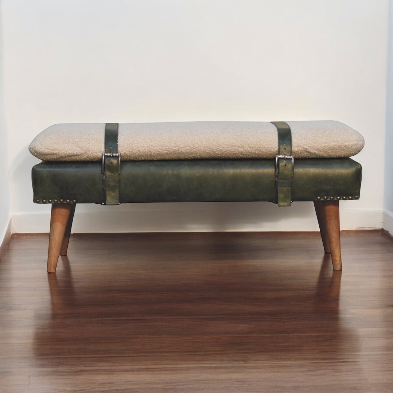 Bouclé Buffalo Hide Olive Green Leather Bench - Image 5