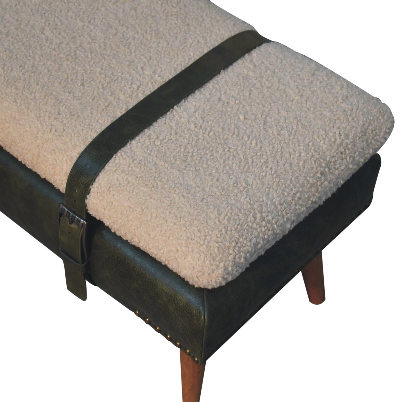 Bouclé Buffalo Hide Olive Green Leather Bench - Image 7