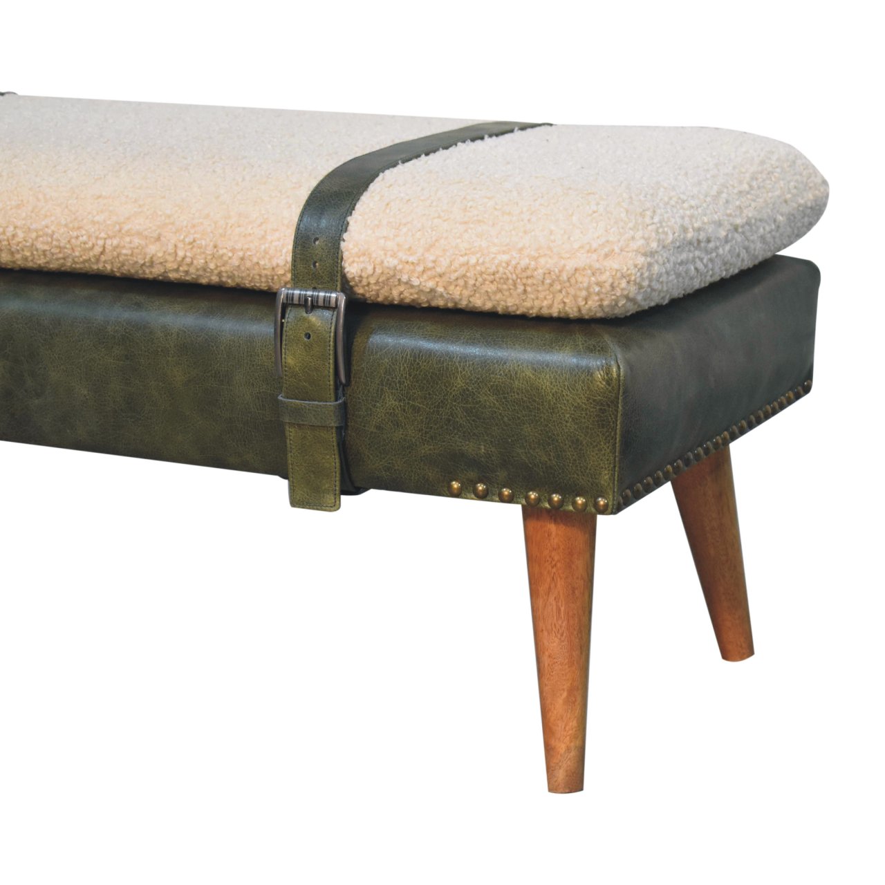 Bouclé Buffalo Hide Olive Green Leather Bench - Image 8