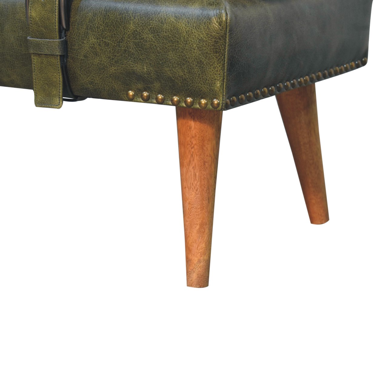 Bouclé Buffalo Hide Olive Green Leather Bench - Image 9