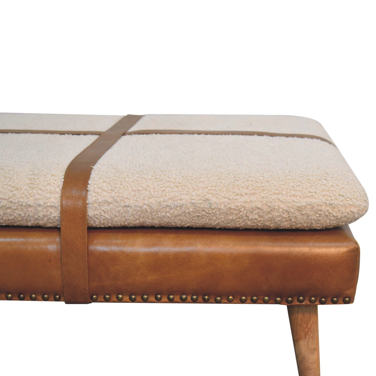 Large Square Bouclé Buffalo Hide Brown Leather Footstool - Image 5