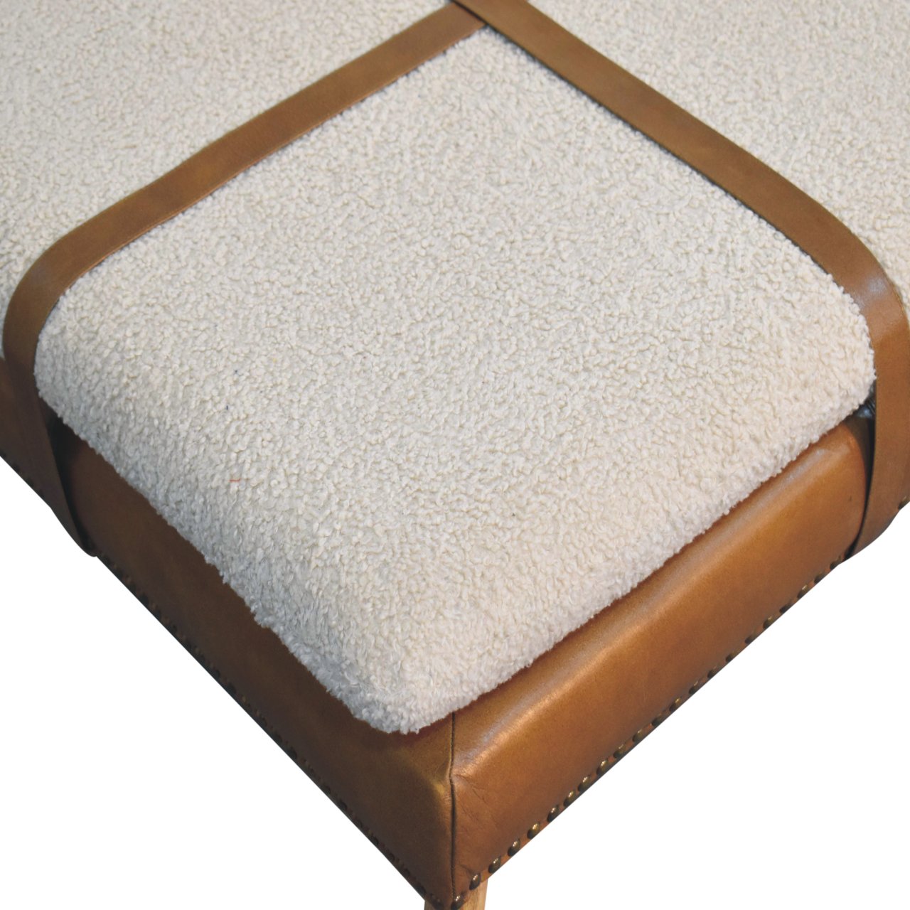 Large Square Bouclé Buffalo Hide Brown Leather Footstool - Image 6