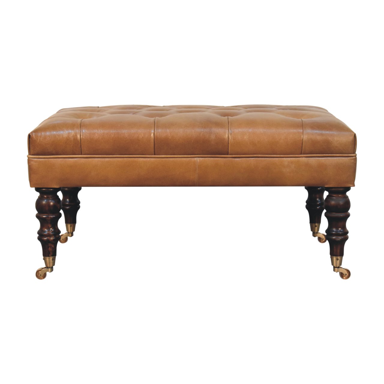 California Walnut Buffalo Brown Leather Ottoman with Castor Legs - Image 2