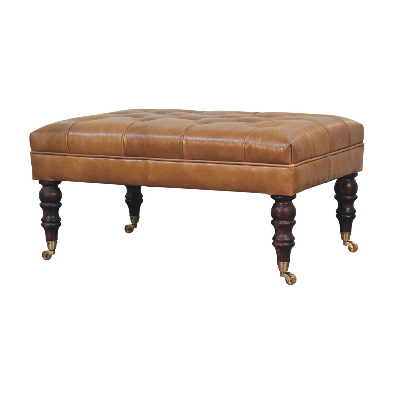 California Walnut Buffalo Brown Leather Ottoman with Castor Legs - Image 4