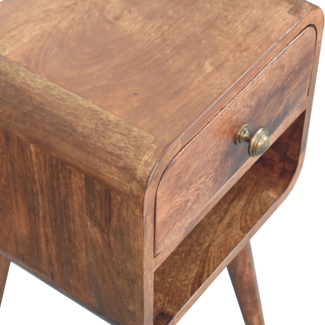 Mini Honey Caramel Curved Bedside with Lower Slot - Image 6
