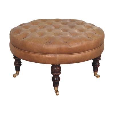 Brown Buffalo Leather Round Ottoman with Castor Legs