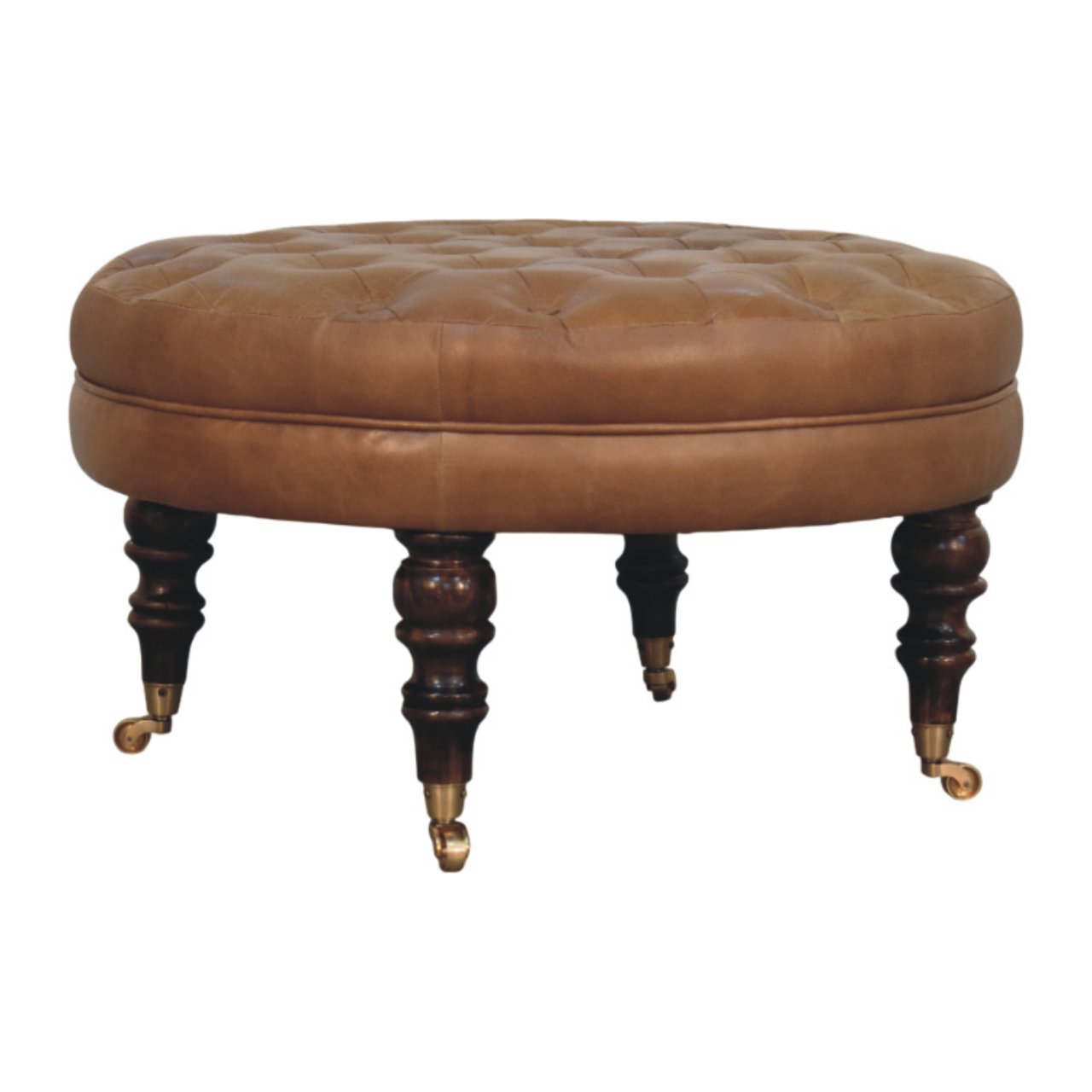 Brown Buffalo Leather Round Ottoman with Castor Legs - Image 3