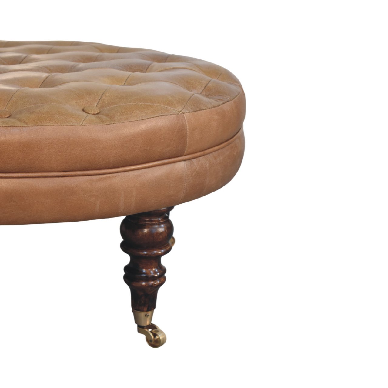 Brown Buffalo Leather Round Ottoman with Castor Legs - Image 5