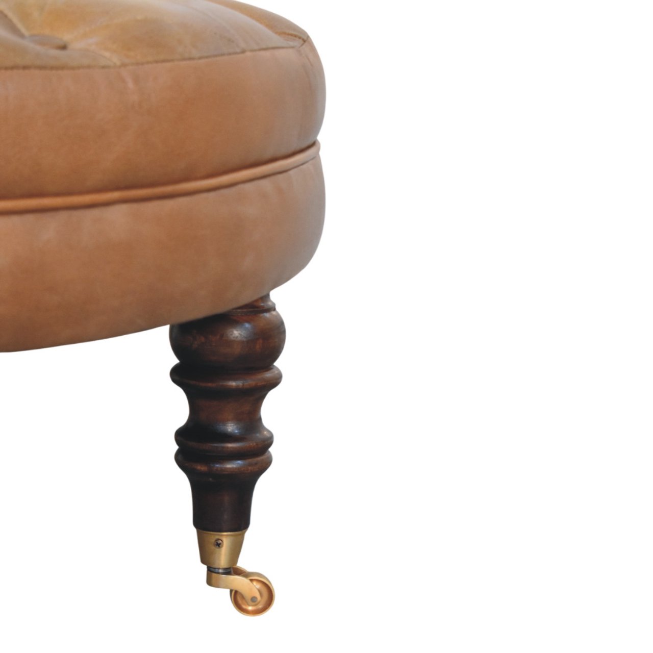 Brown Buffalo Leather Round Ottoman with Castor Legs - Image 8